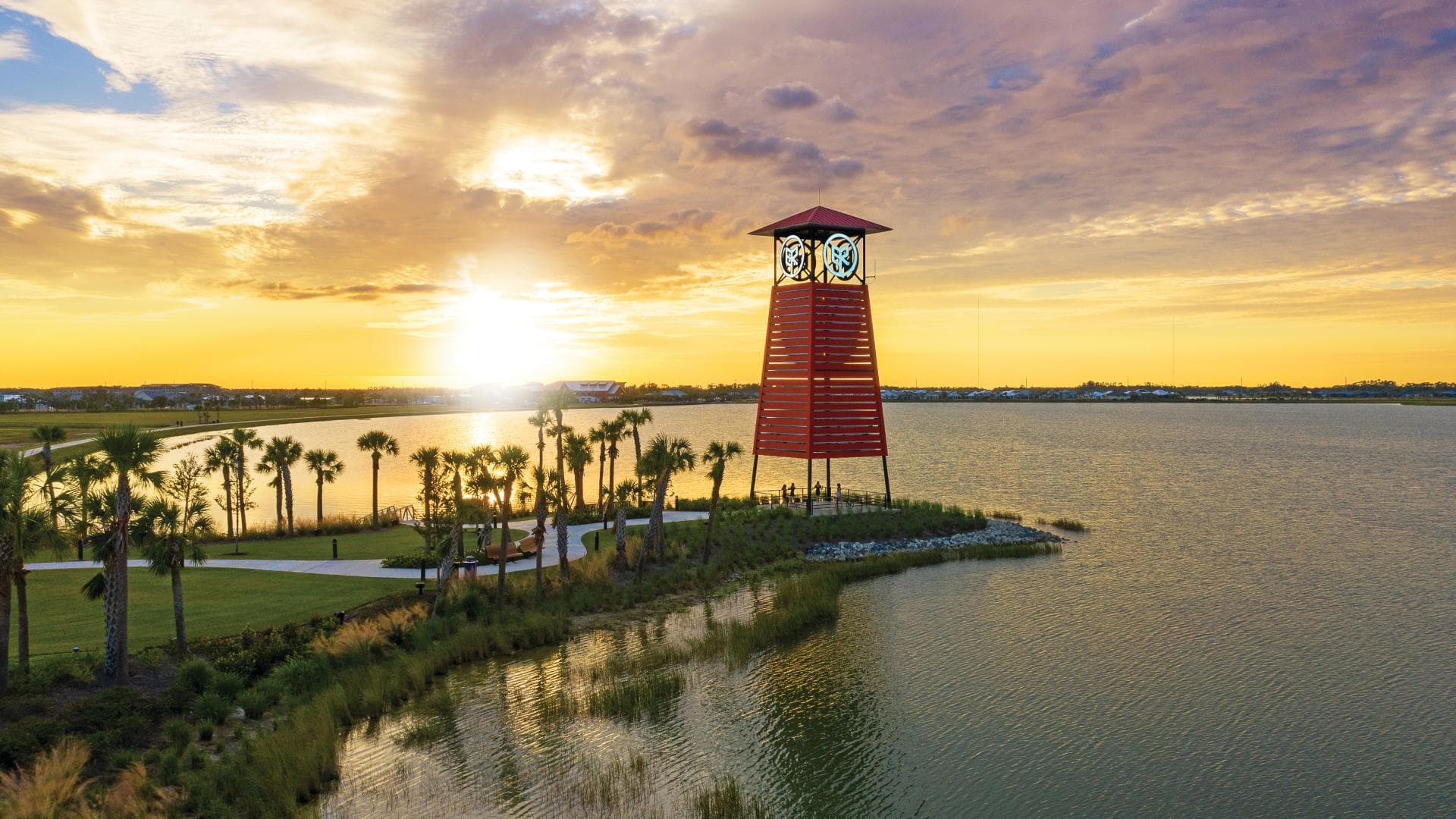 The lakeside lookout tower at Babcock Ranch at sunset